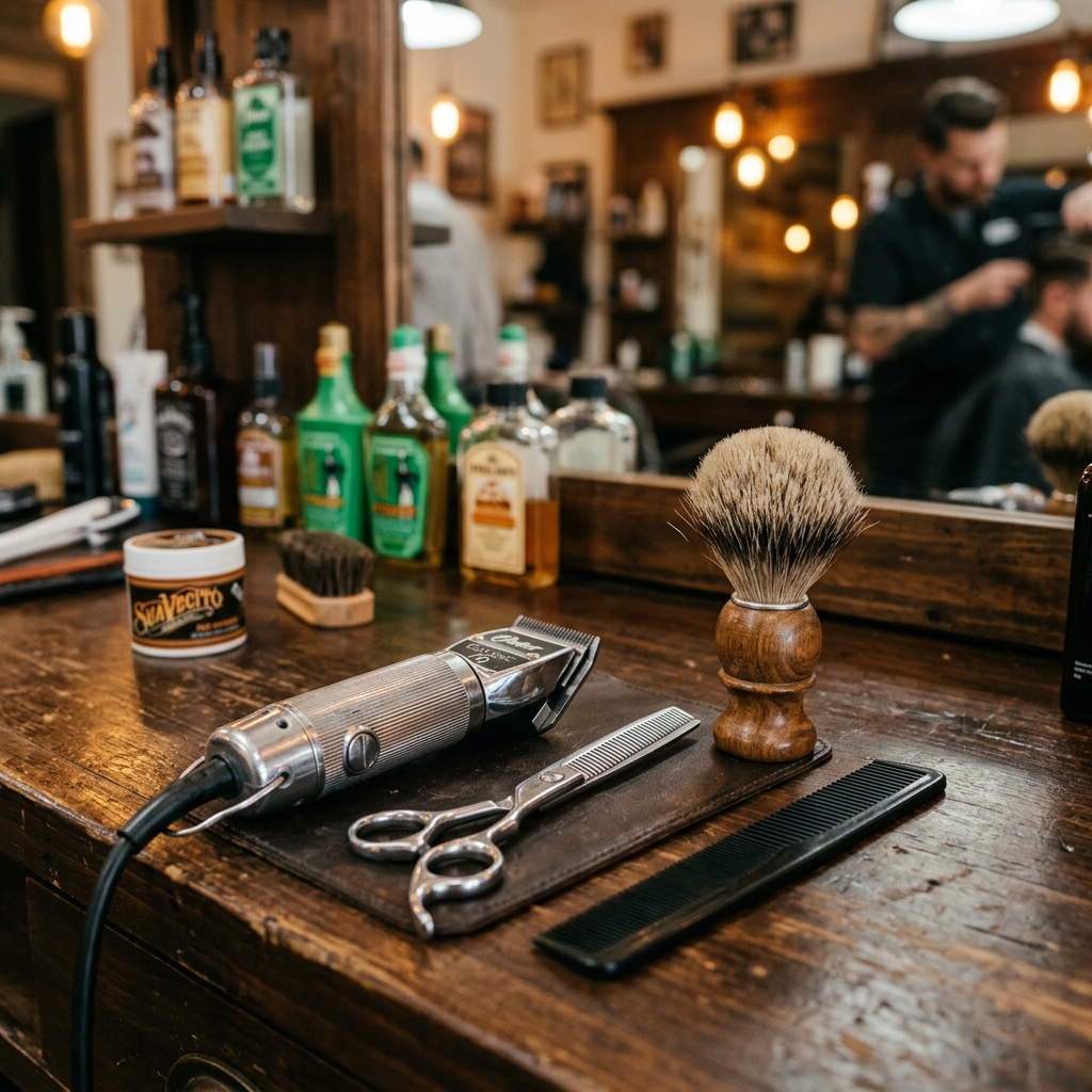 Professional clippers and tools on shop counter